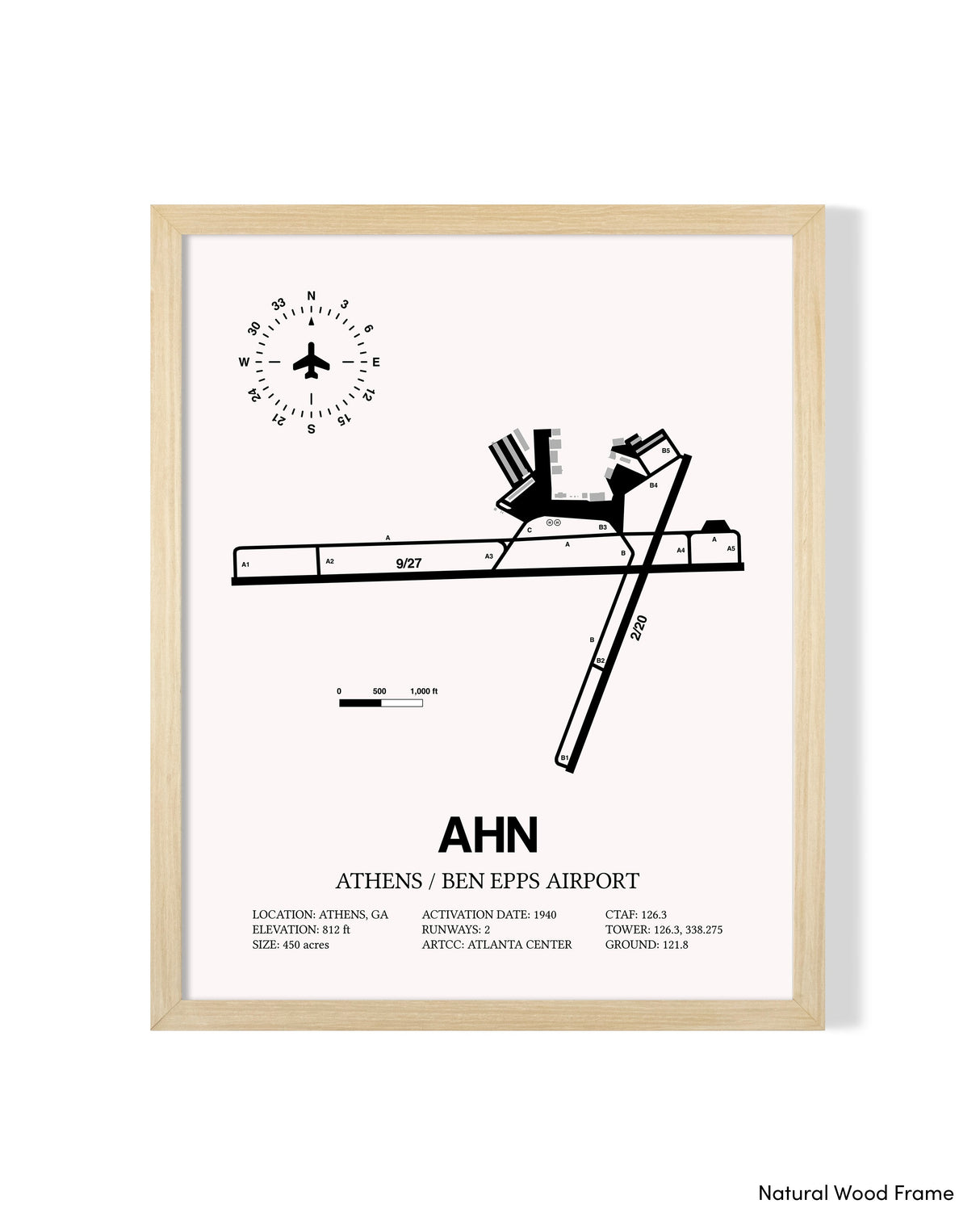 Detailed Airport Map of Athens Ben Epps Airport (AHN) in White with a Natural Frame