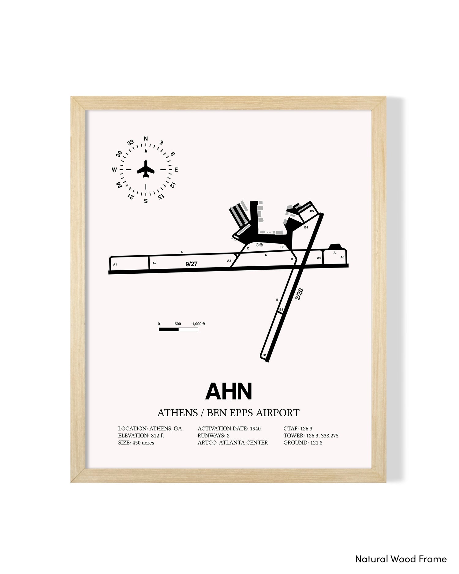 Detailed Airport Map of Athens Ben Epps Airport (AHN) in White with a Natural Frame