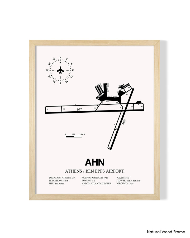 Detailed Airport Map of Athens Ben Epps Airport (AHN) in White with a Natural Frame