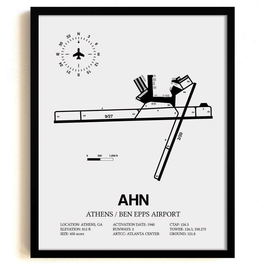 Framed Detailed Airport Map of Athens Ben Epps Airport (AHN) in White with a Black Frame