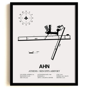 Framed Detailed Airport Map of Athens Ben Epps Airport (AHN) in White with a Black Frame