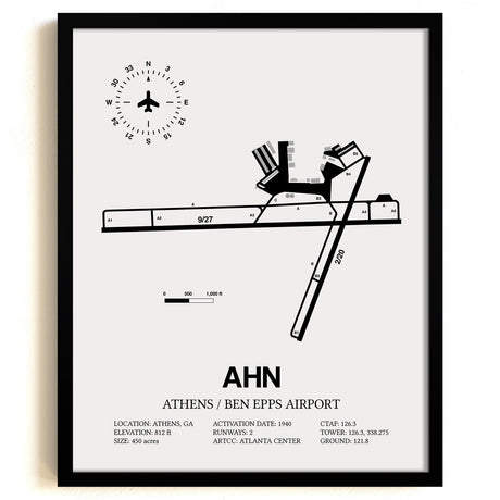 Framed Detailed Airport Map of Athens Ben Epps Airport (AHN) in White with a Black Frame
