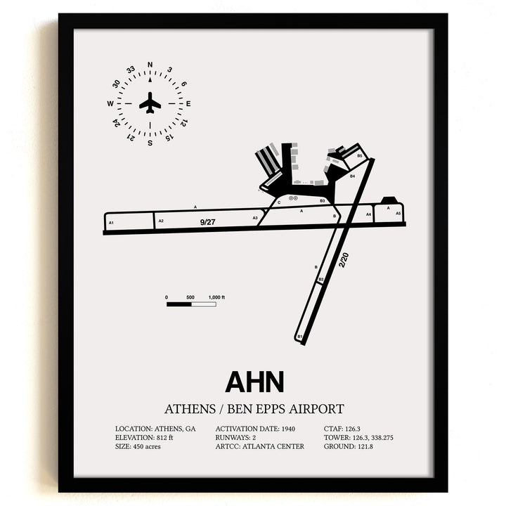 Framed Detailed Airport Map of Athens Ben Epps Airport (AHN) in White with a Black Frame