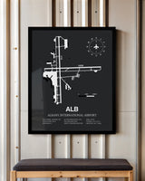 Framed Detailed Airport Map of Albany International Airport (ALB) in Gray with a Black Frame