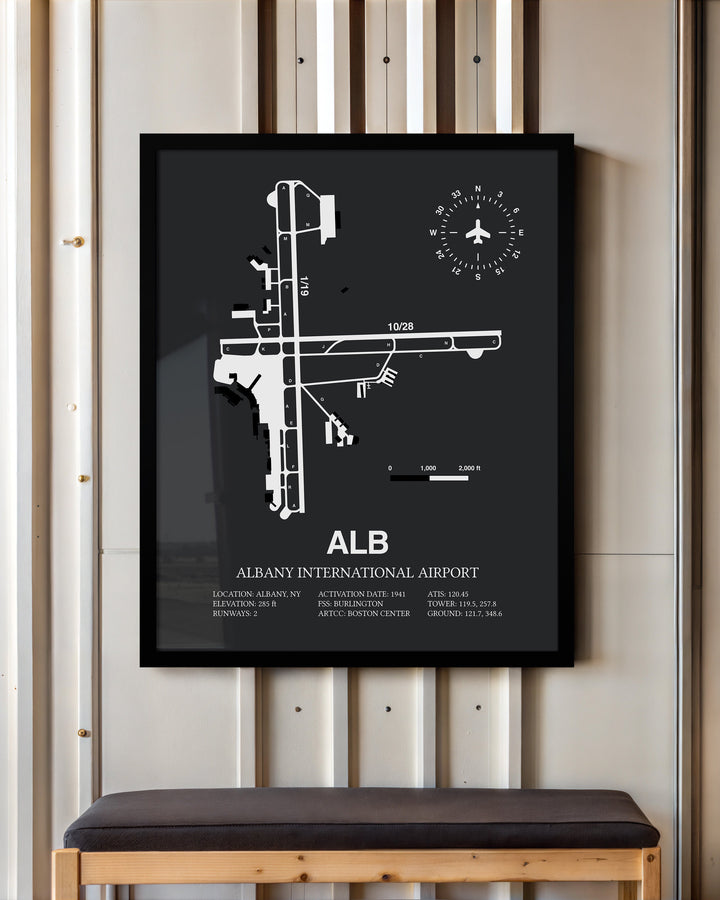 Framed Detailed Airport Map of Albany International Airport (ALB) in Gray with a Black Frame