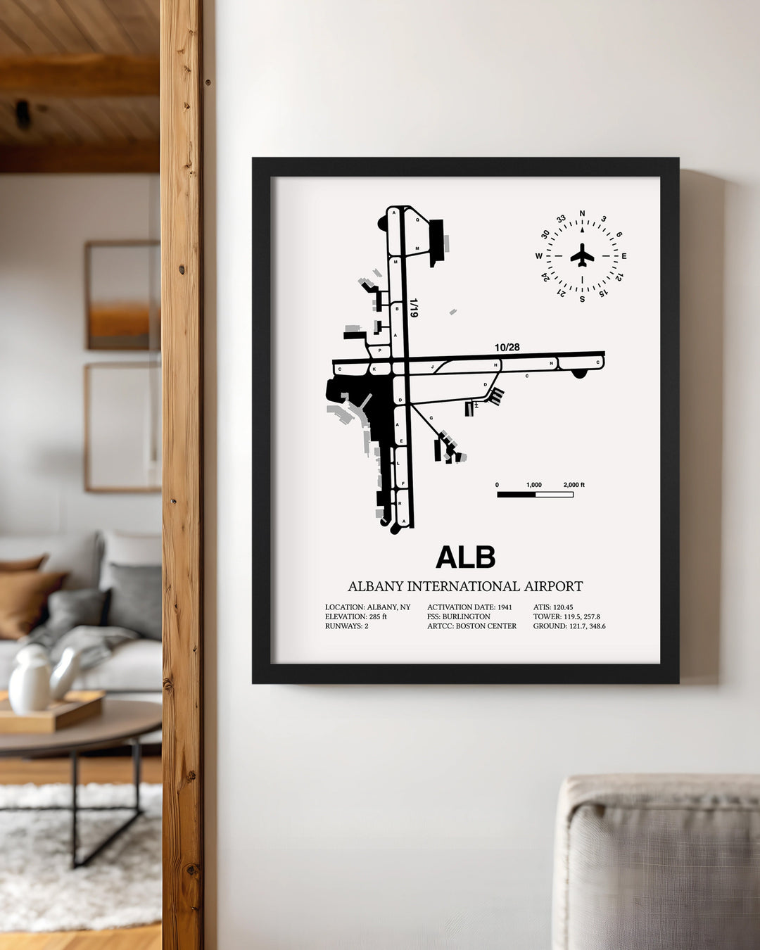 Framed Detailed Airport Map of Albany International Airport (ALB) in White with a Black Frame