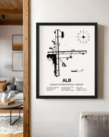 Framed Detailed Airport Map of Albany International Airport (ALB) in White with a Black Frame