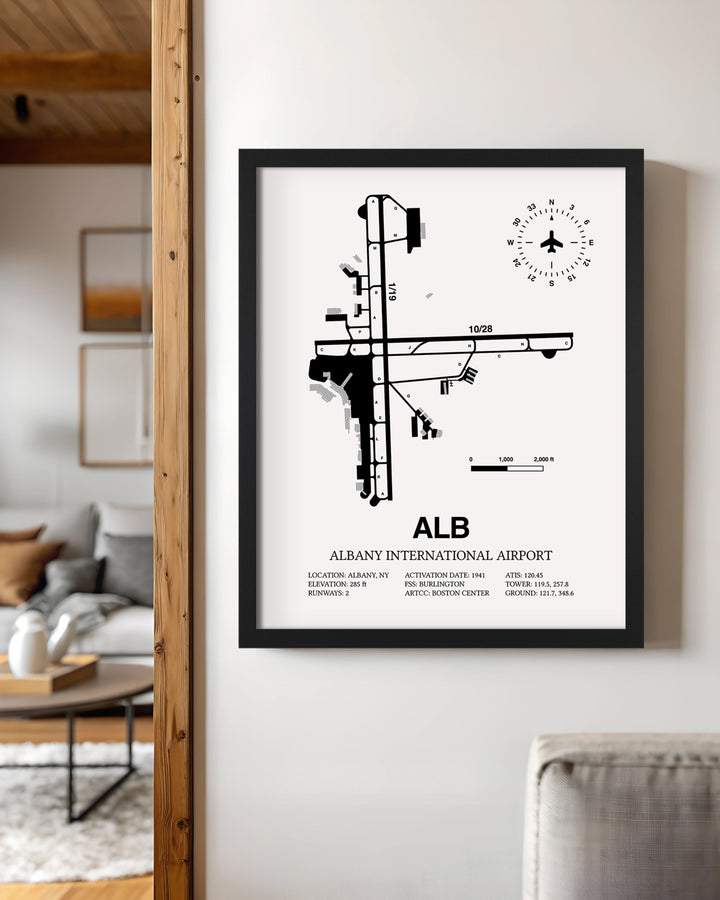 Framed Detailed Airport Map of Albany International Airport (ALB) in White with a Black Frame
