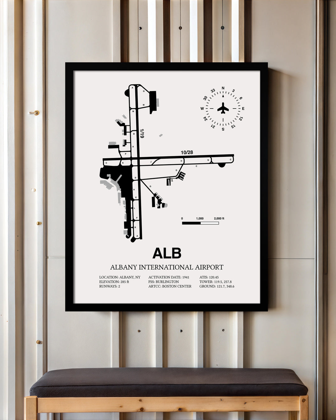 Framed Detailed Airport Map of Albany International Airport (ALB) in White with a Black Frame