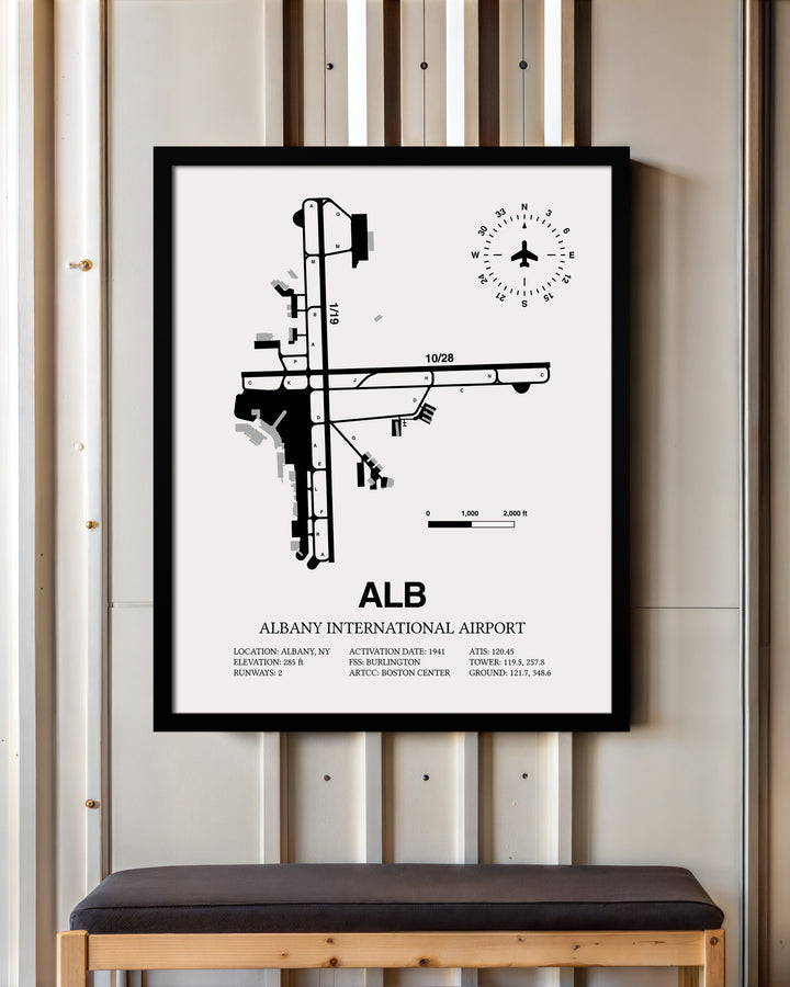 Framed Detailed Airport Map of Albany International Airport (ALB) in White with a Black Frame