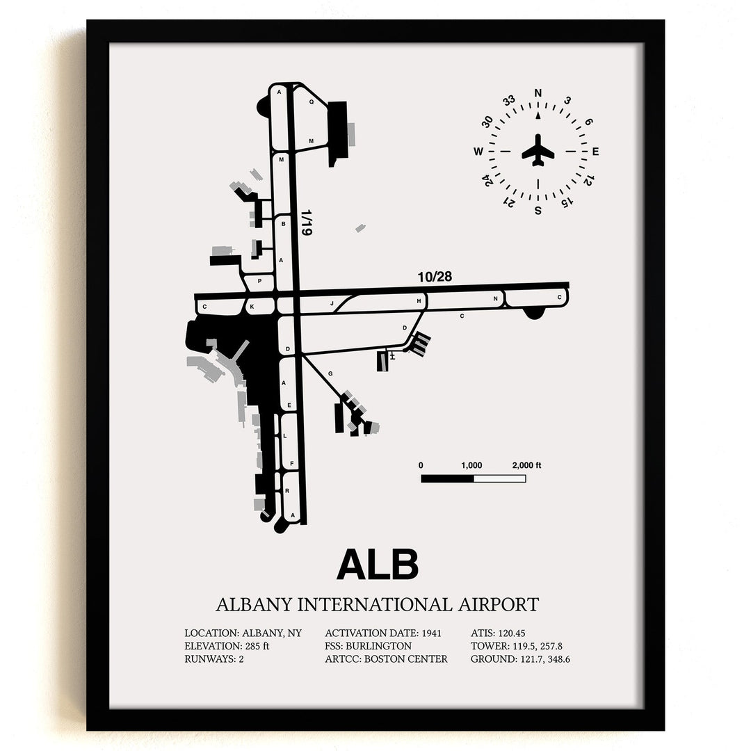 Framed Detailed Airport Map of Albany International Airport (ALB) in White with a Black Frame