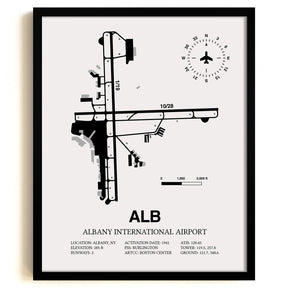 Framed Detailed Airport Map of Albany International Airport (ALB) in White with a Black Frame