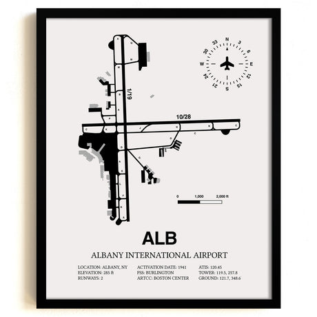 Framed Detailed Airport Map of Albany International Airport (ALB) in White with a Black Frame