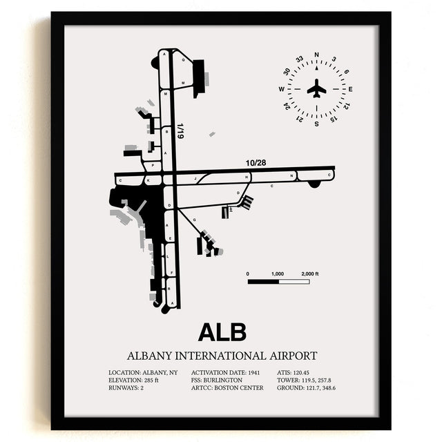 Framed Detailed Airport Map of Albany International Airport (ALB) in White with a Black Frame