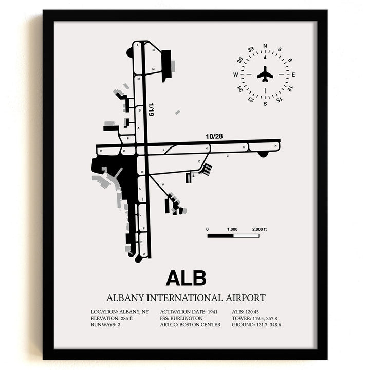Framed Detailed Airport Map of Albany International Airport (ALB) in White with a Black Frame