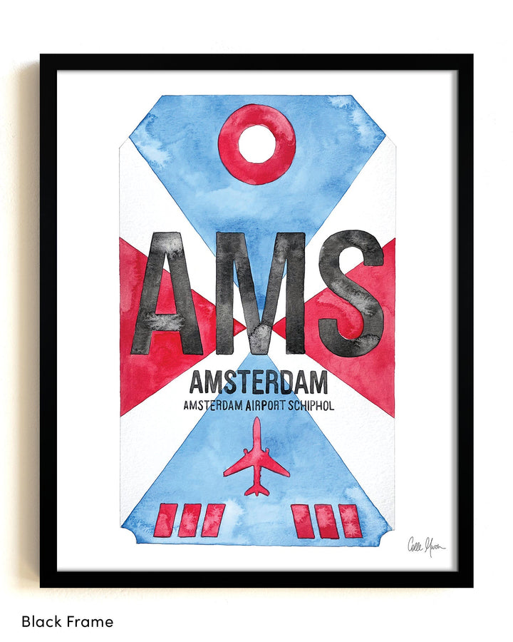 Framed Watercolor Print of Amsterdam Airport Schiphol (AMS) with a Black Frame