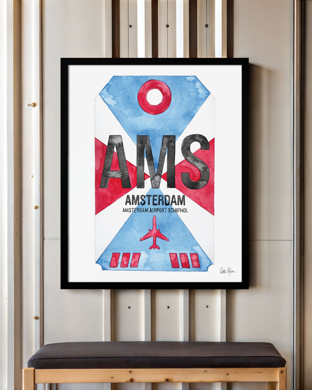 Framed Watercolor Print of Amsterdam Airport Schiphol (AMS) with a Black Frame