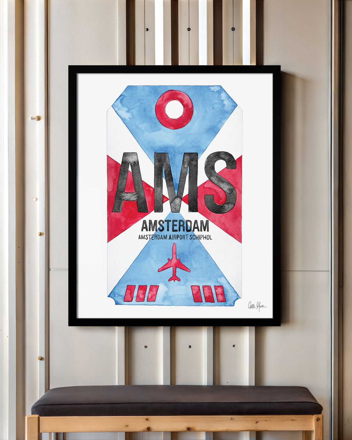 Framed Watercolor Print of Amsterdam Airport Schiphol (AMS) with a Black Frame