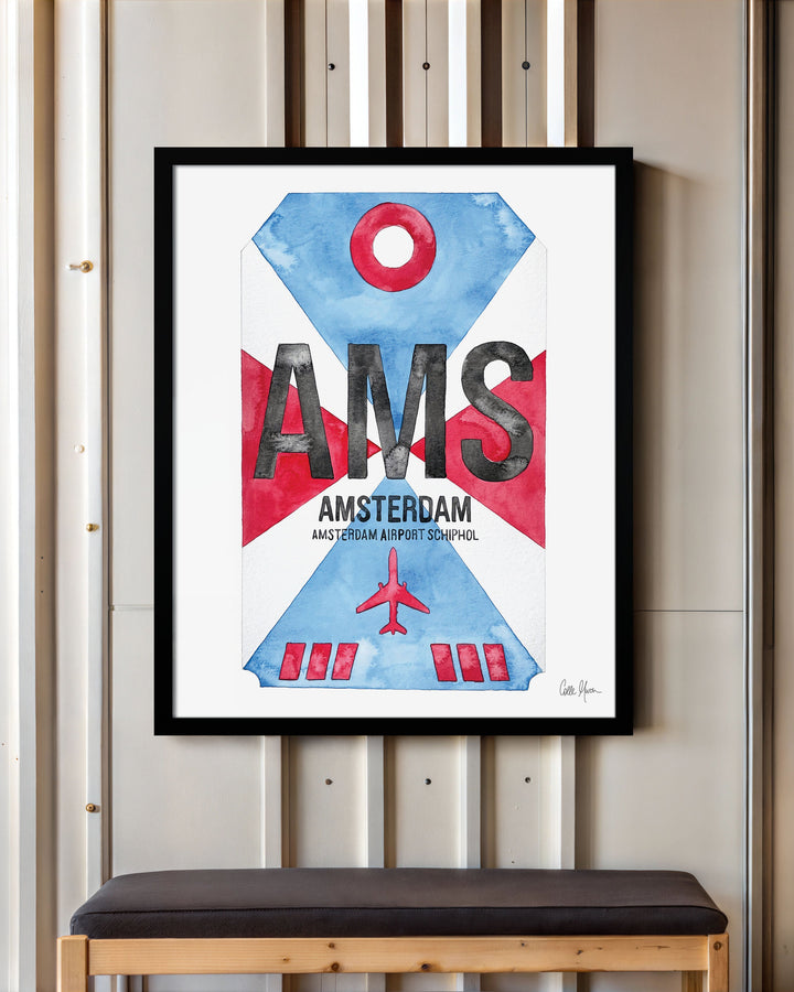 Framed Watercolor Print of Amsterdam Airport Schiphol (AMS) with a Black Frame