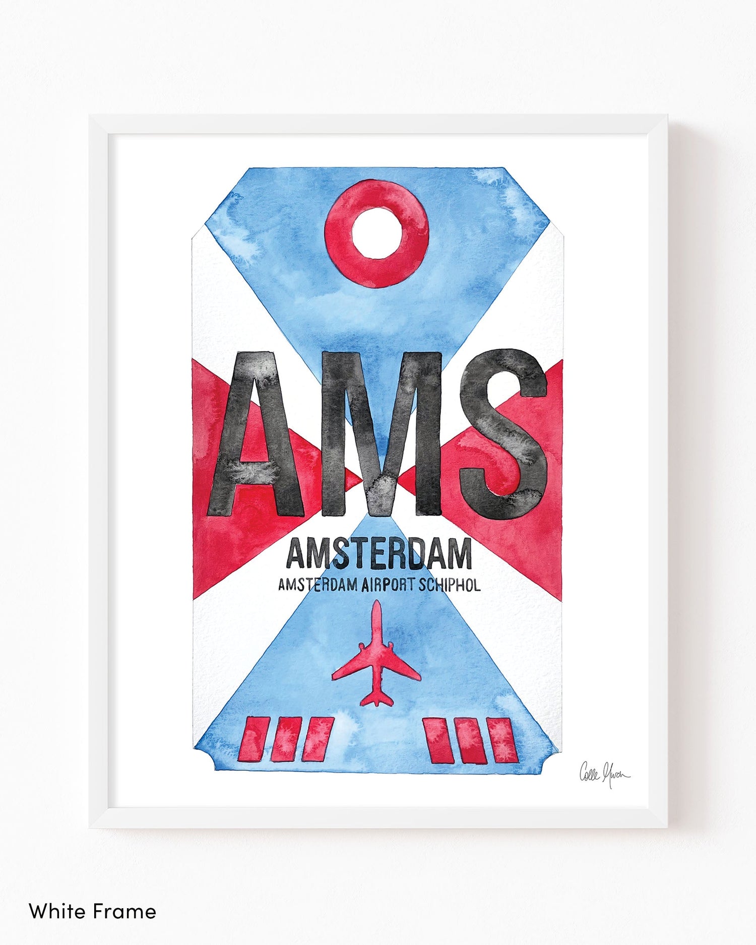 Framed Watercolor Print of Amsterdam Airport Schiphol (AMS) with a White Frame