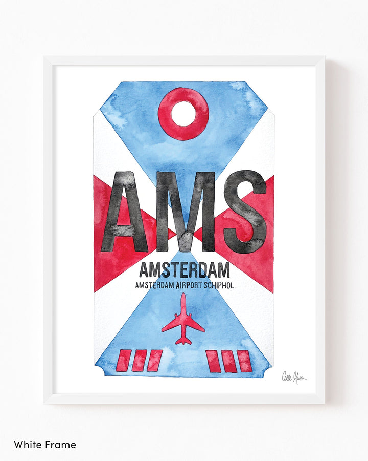 Framed Watercolor Print of Amsterdam Airport Schiphol (AMS) with a White Frame