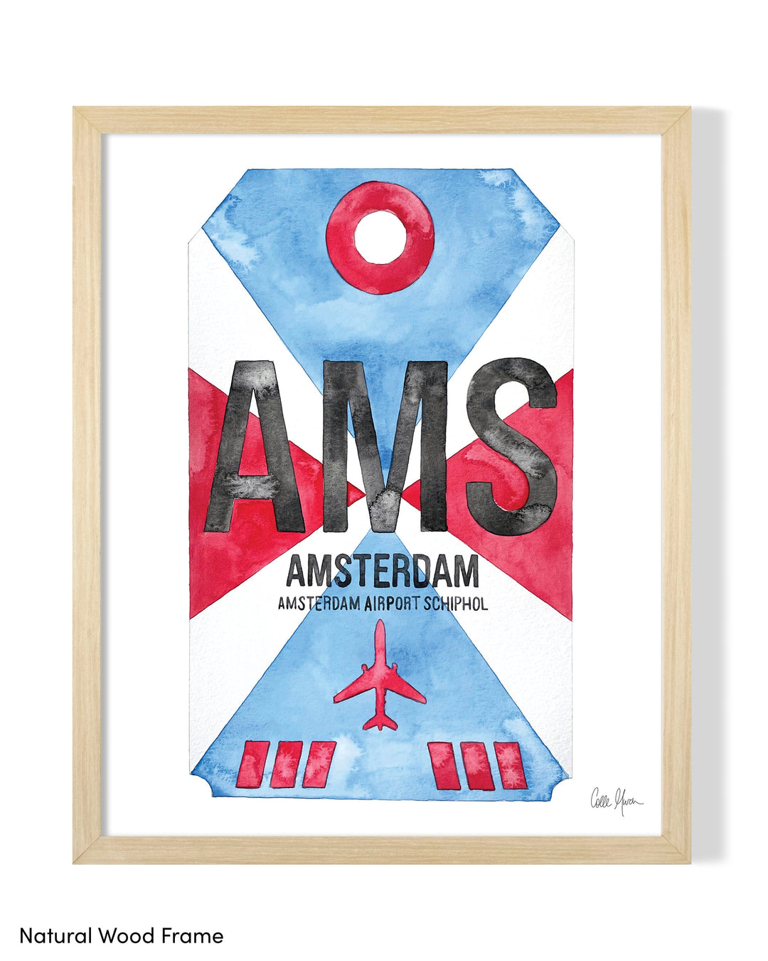 Framed Watercolor Print of Amsterdam Airport Schiphol (AMS) with a Natural Wood Frame