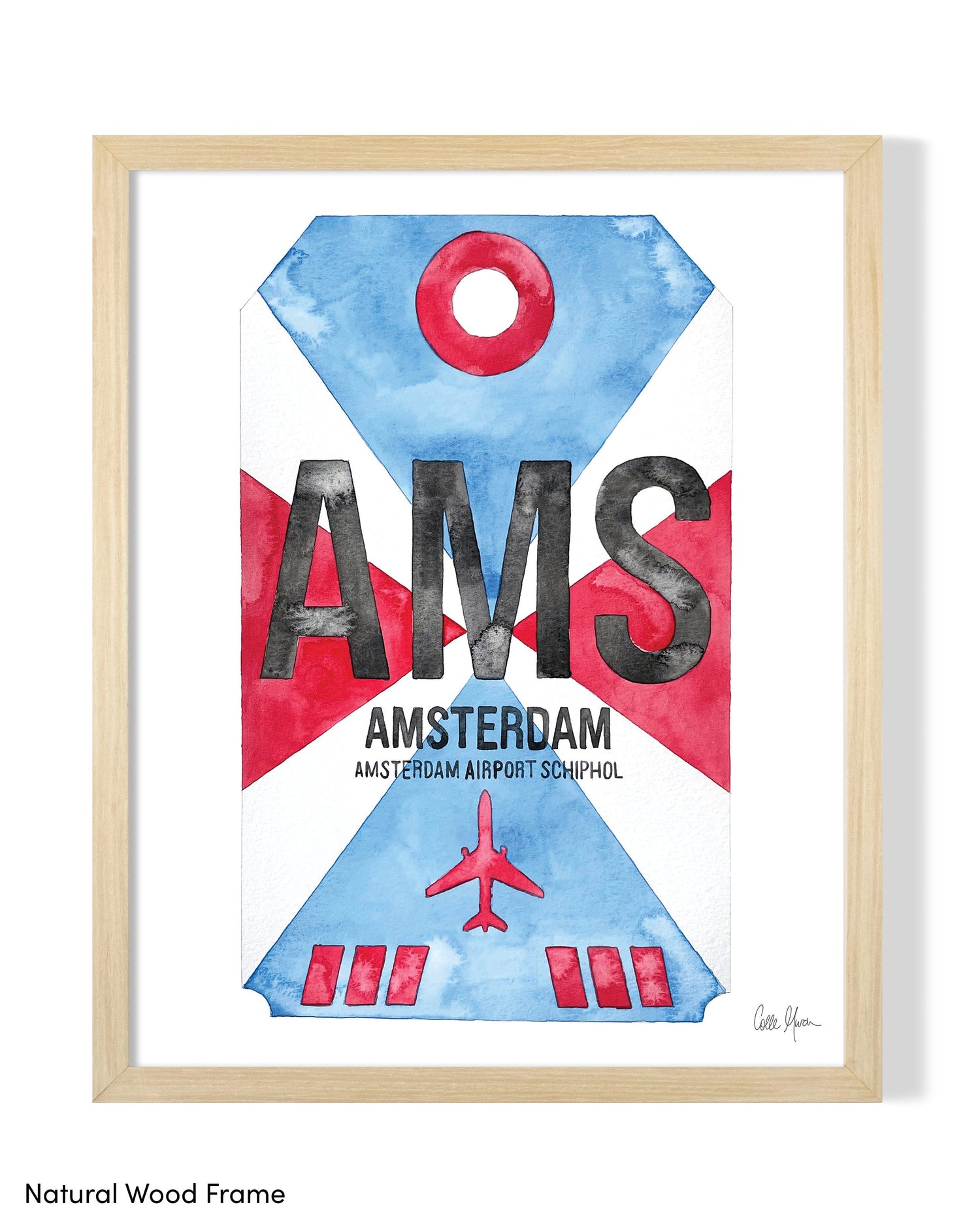 Framed Watercolor Print of Amsterdam Airport Schiphol (AMS) with a Natural Wood Frame