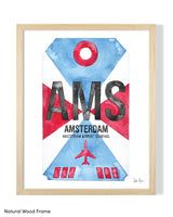 Framed Watercolor Print of Amsterdam Airport Schiphol (AMS) with a Natural Wood Frame