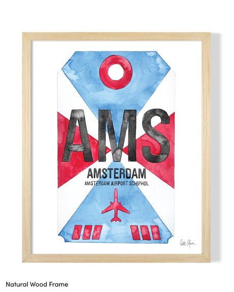 Framed Watercolor Print of Amsterdam Airport Schiphol (AMS) with a Natural Wood Frame