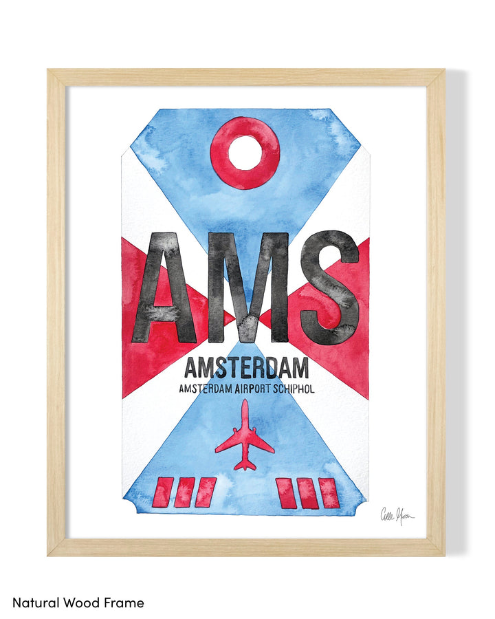 Framed Watercolor Print of Amsterdam Airport Schiphol (AMS) with a Natural Wood Frame