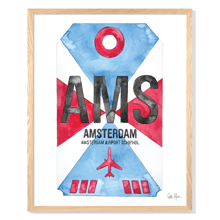 Framed Watercolor Print of Amsterdam Airport Schiphol (AMS) with an Oak Frame