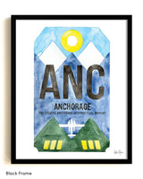 Framed Watercolor Print of Ted Stevens Anchorage International Airport (ANC) with a Black Frame