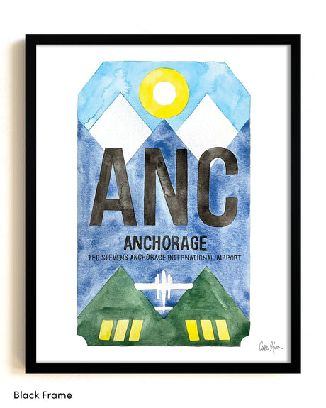 Framed Watercolor Print of Ted Stevens Anchorage International Airport (ANC) with a Black Frame