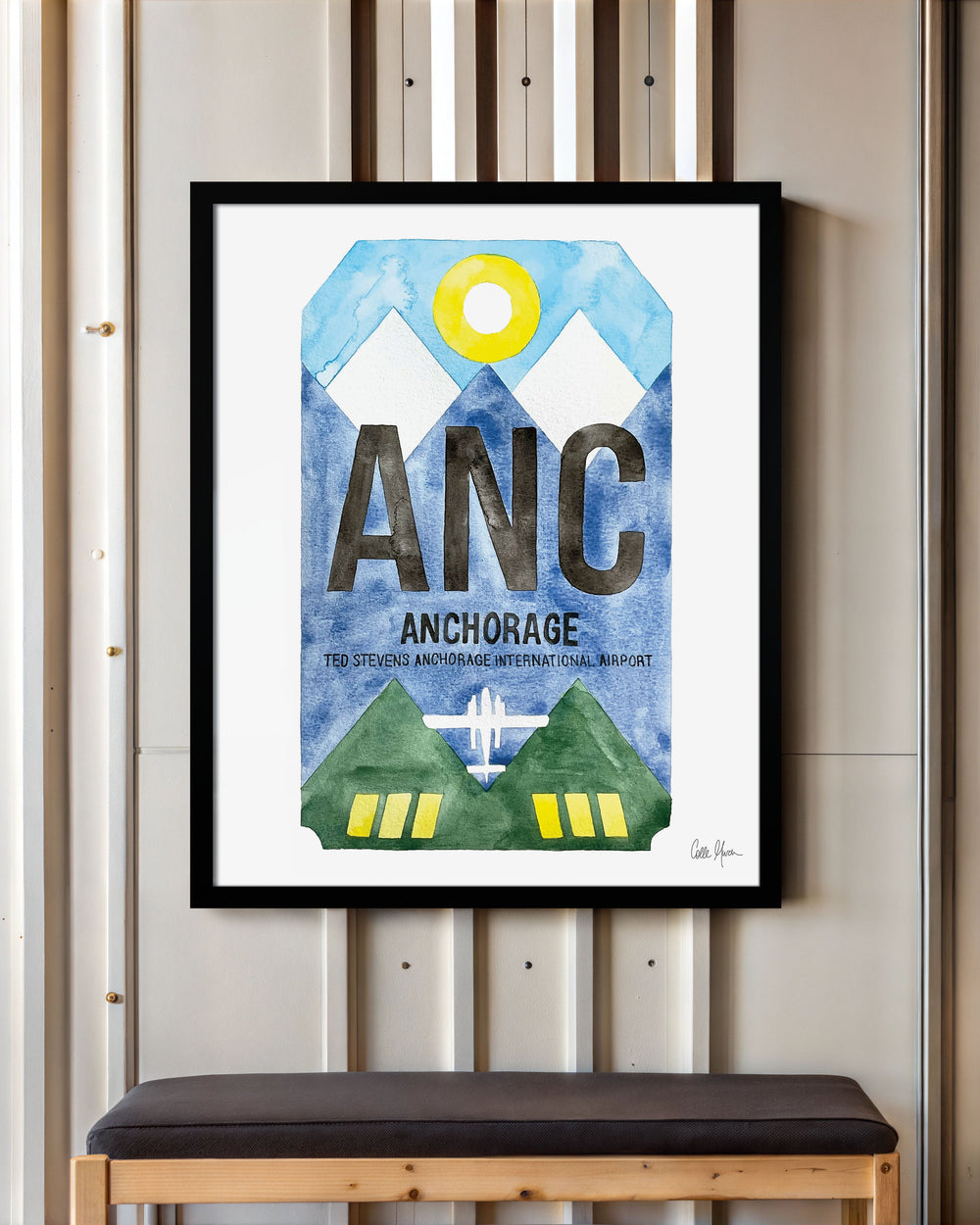Framed Watercolor Print of Ted Stevens Anchorage International Airport (ANC) with a Black Frame