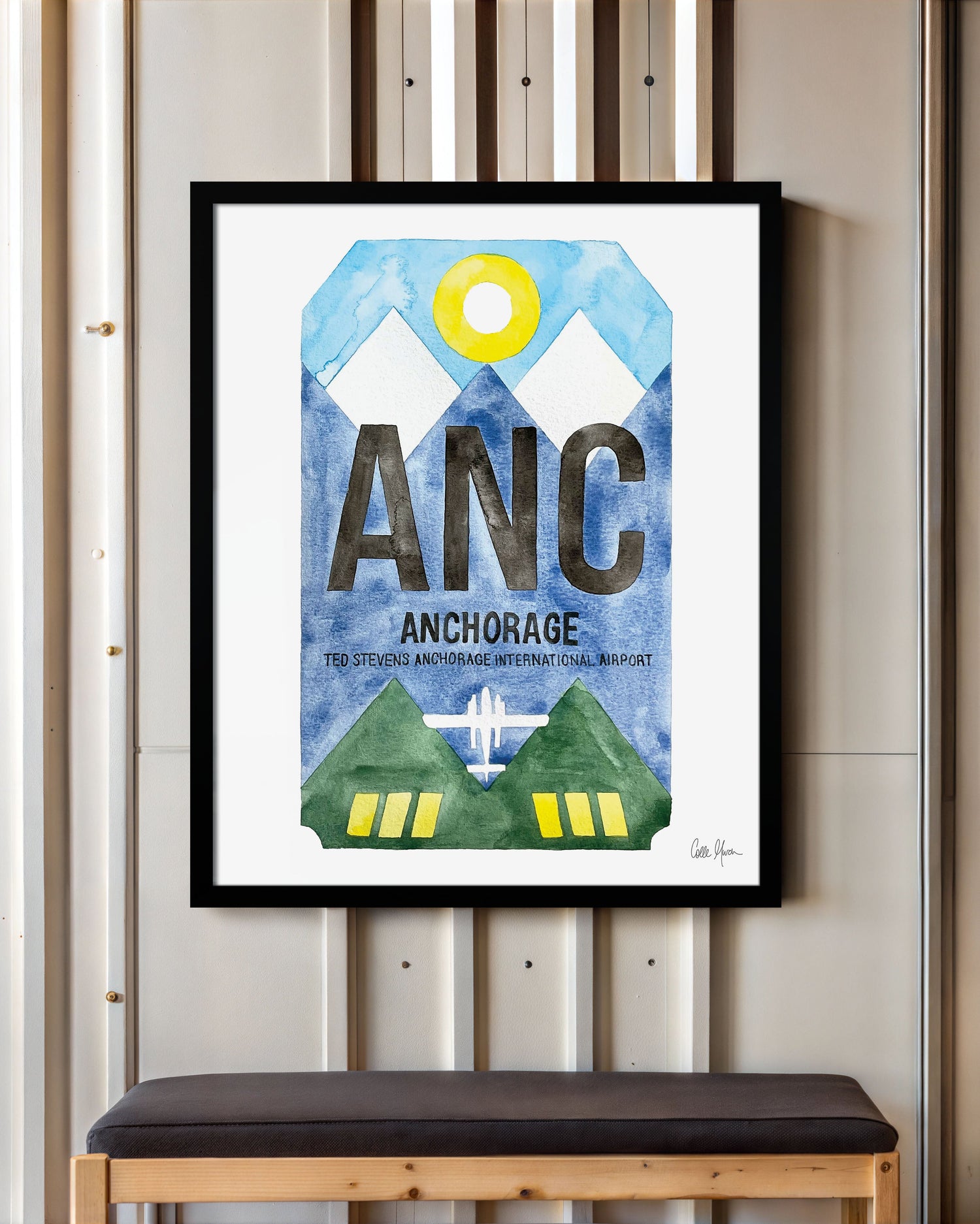 Framed Watercolor Print of Ted Stevens Anchorage International Airport (ANC) with a Black Frame