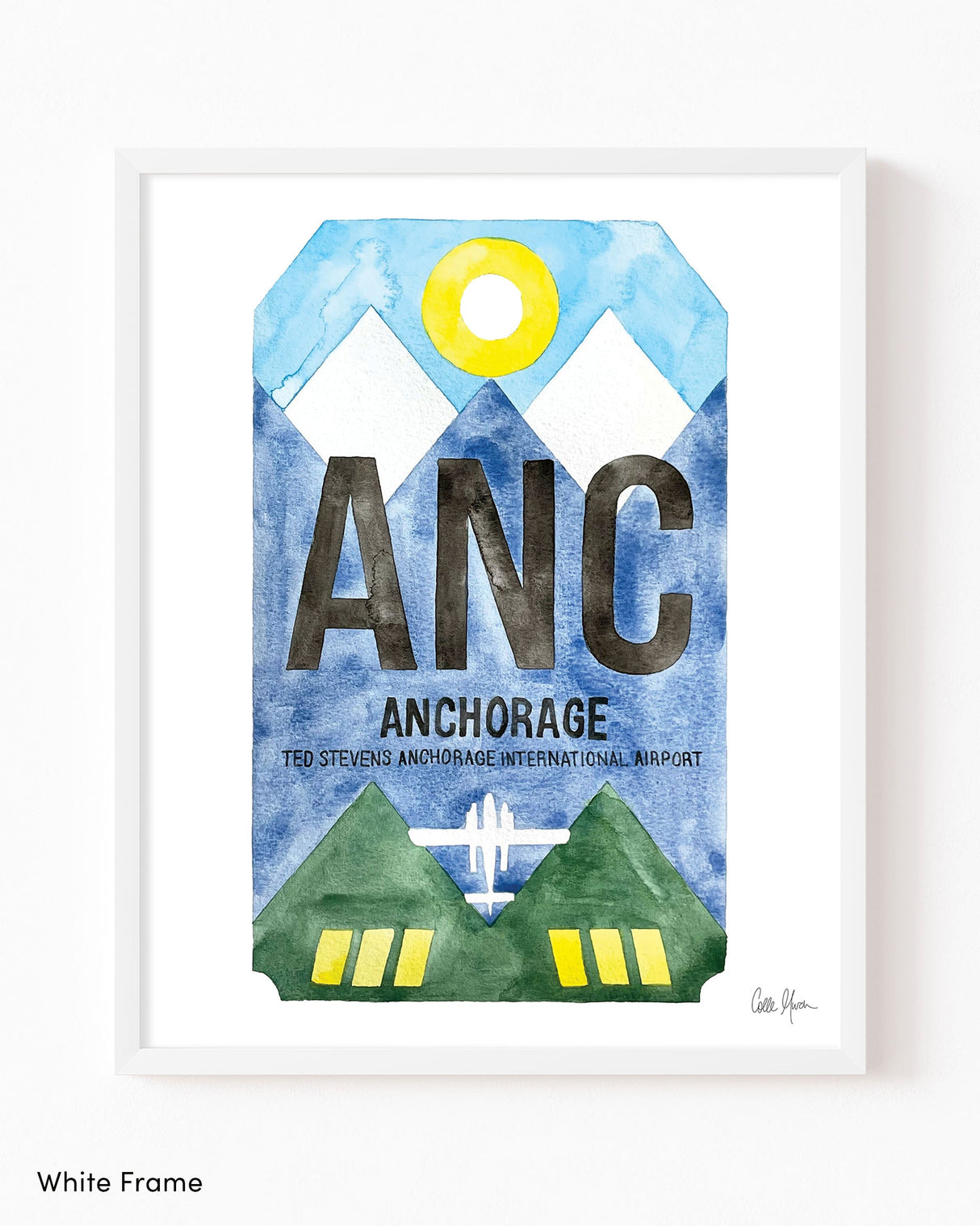 Framed Watercolor Print of Ted Stevens Anchorage International Airport (ANC) with a White Frame