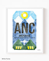 Framed Watercolor Print of Ted Stevens Anchorage International Airport (ANC) with a White Frame