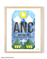 Framed Watercolor Print of Ted Stevens Anchorage International Airport (ANC) with a Natural Wood Frame
