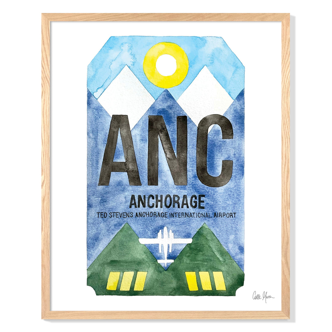 Framed Watercolor Print of Ted Stevens Anchorage International Airport (ANC) with an Oak Frame