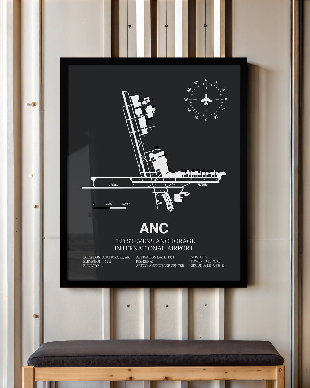 Framed Detailed Airport Map of Ted Stevens Anchorage International Airport (ANC) in Gray with a Black Frame