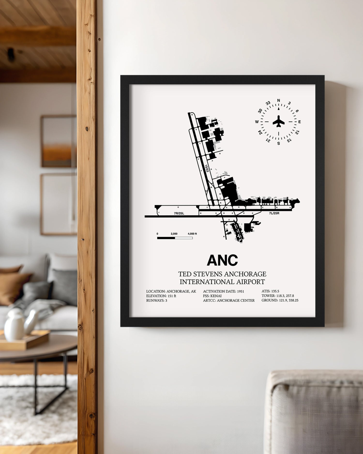 Framed Detailed Airport Map of Ted Stevens Anchorage International Airport (ANC) in White with a Black Frame