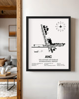 Framed Detailed Airport Map of Ted Stevens Anchorage International Airport (ANC) in White with a Black Frame
