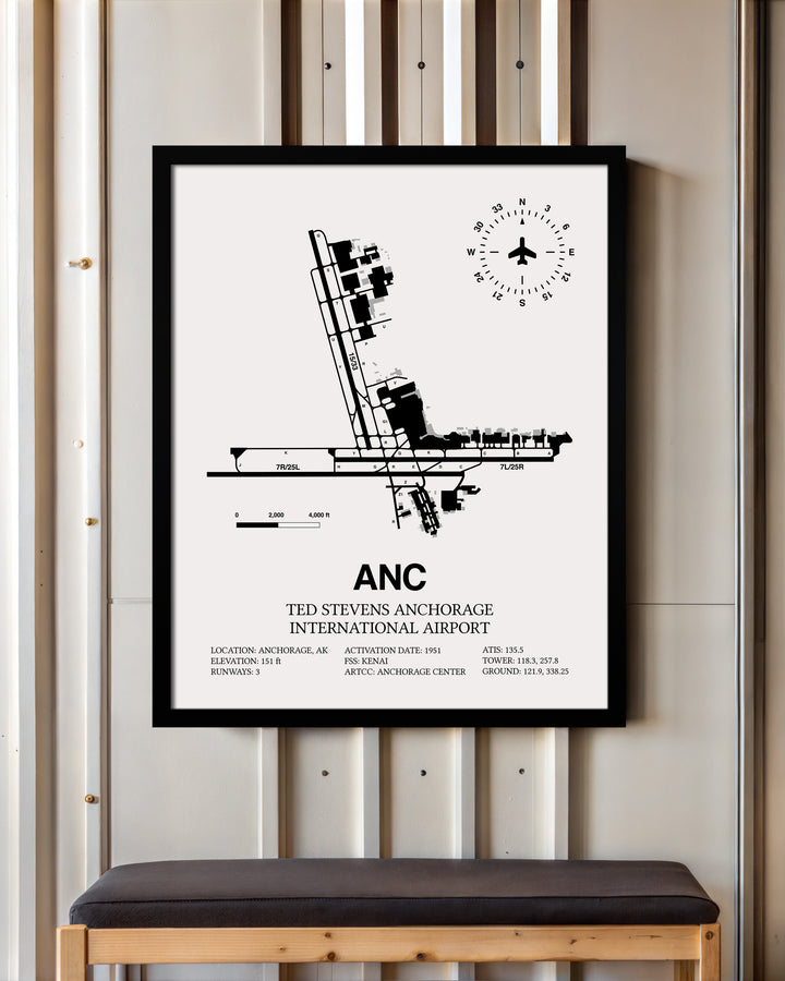 Framed Detailed Airport Map of Ted Stevens Anchorage International Airport (ANC) in White with a Black Frame