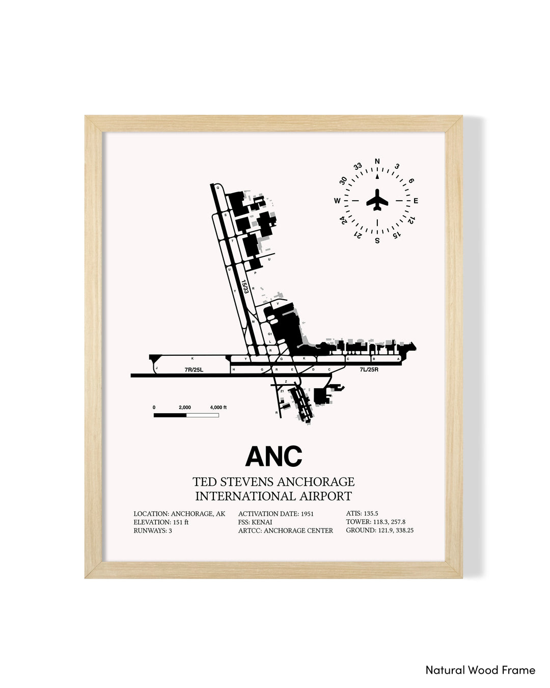 Detailed Airport Map of Ted Stevens Anchorage International Airport (ANC) in White with a Natural Frame