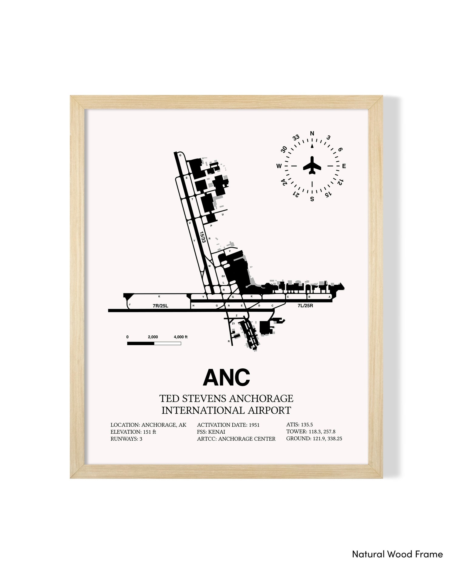 Detailed Airport Map of Ted Stevens Anchorage International Airport (ANC) in White with a Natural Frame