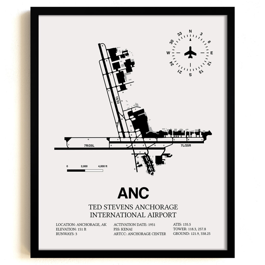 Framed Detailed Airport Map of Ted Stevens Anchorage International Airport (ANC) in White with a Black Frame