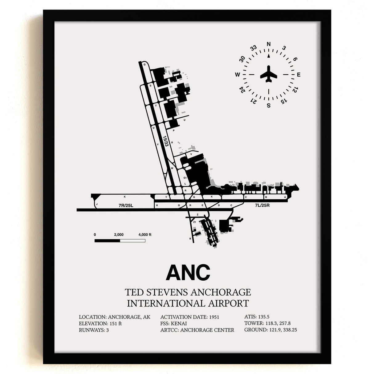Framed Detailed Airport Map of Ted Stevens Anchorage International Airport (ANC) in White with a Black Frame