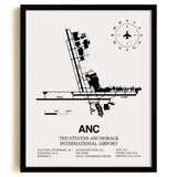 Framed Detailed Airport Map of Ted Stevens Anchorage International Airport (ANC) in White with a Black Frame