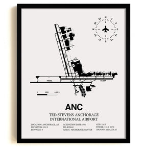Framed Detailed Airport Map of Ted Stevens Anchorage International Airport (ANC) in White with a Black Frame