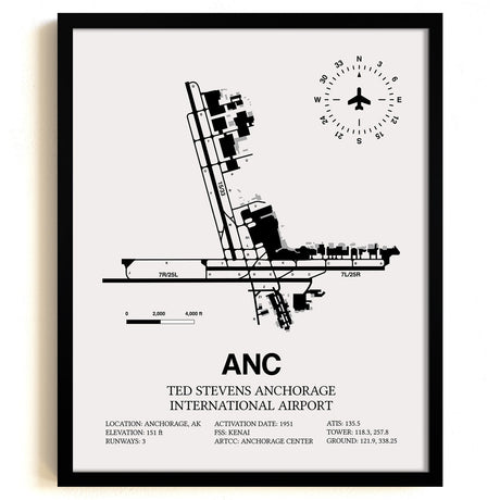 Framed Detailed Airport Map of Ted Stevens Anchorage International Airport (ANC) in White with a Black Frame